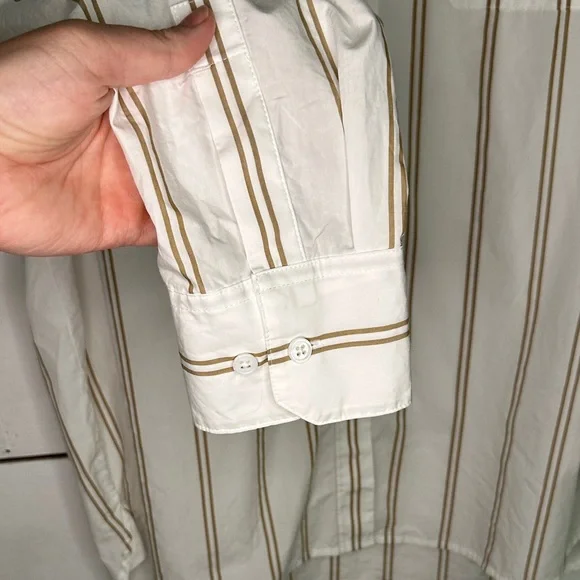 Jenni Kayne Boyfriend Khaki and White Double Striped Button Up Shirt - XL